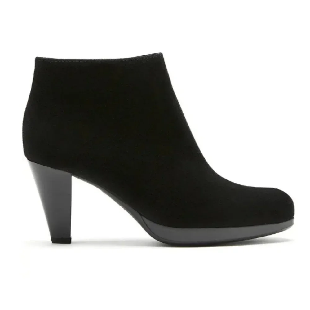 La Canadienne Oliver Waterproof Suede Bootie Black Ankle Boots Stacked Heel 7 - Picture 1 of 12